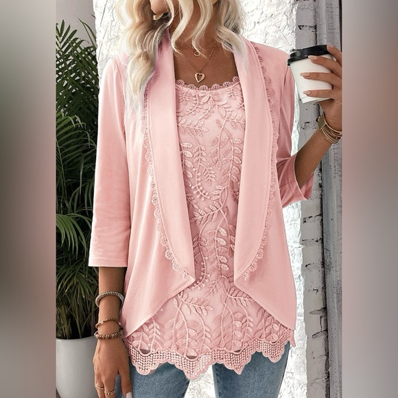 MODLILY ® Light Pink 3/4 Sleeve Fake Two Piece Twinset size L - Picture 7 of 7